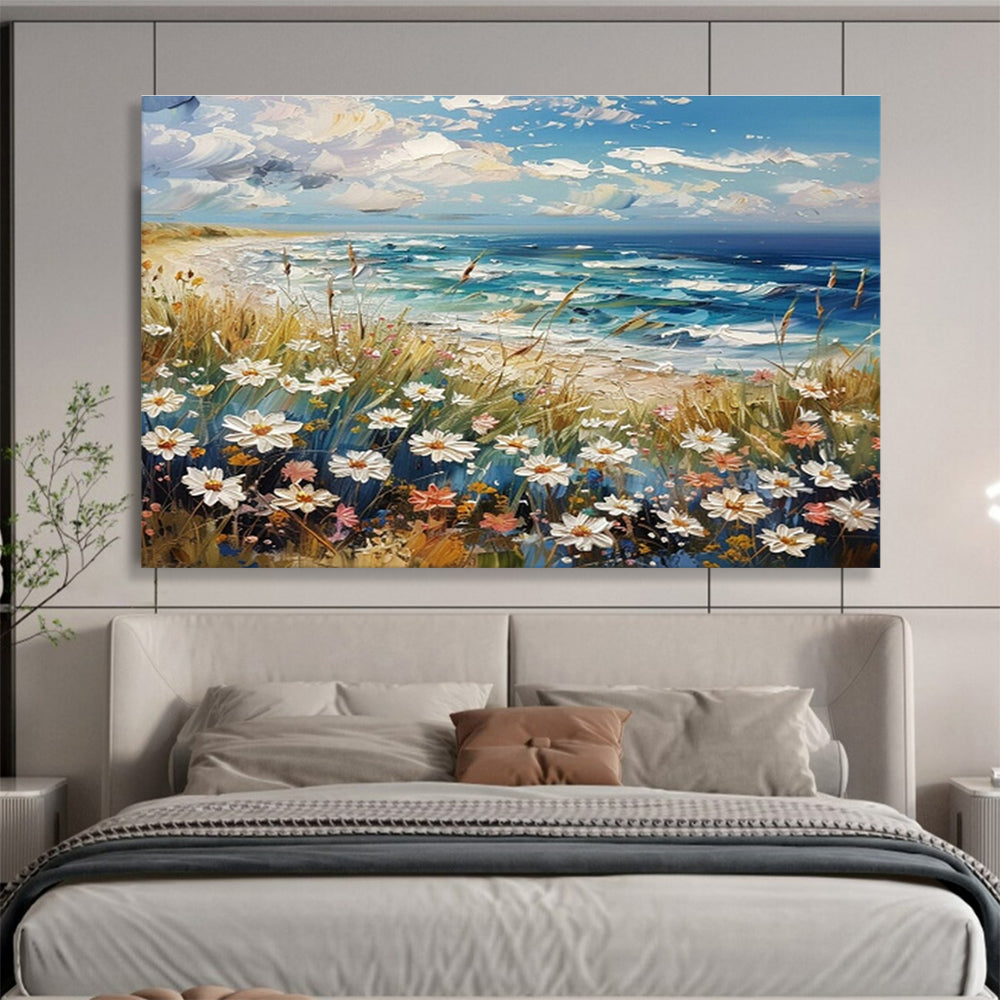 Seaside Flower Field Oil Painting for Relaxing Beach House Bedrooms DLZ2639
