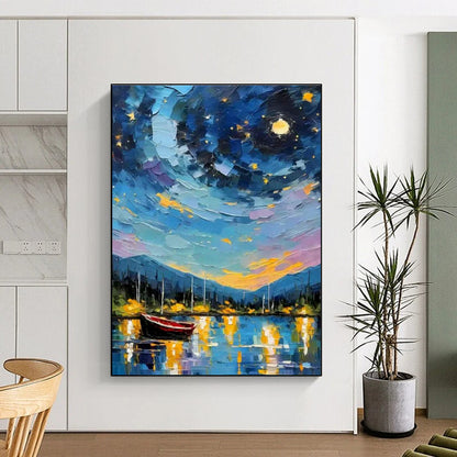 Starry Night Boat Scene Oil Art for Living Room & Cottages DLZ0302