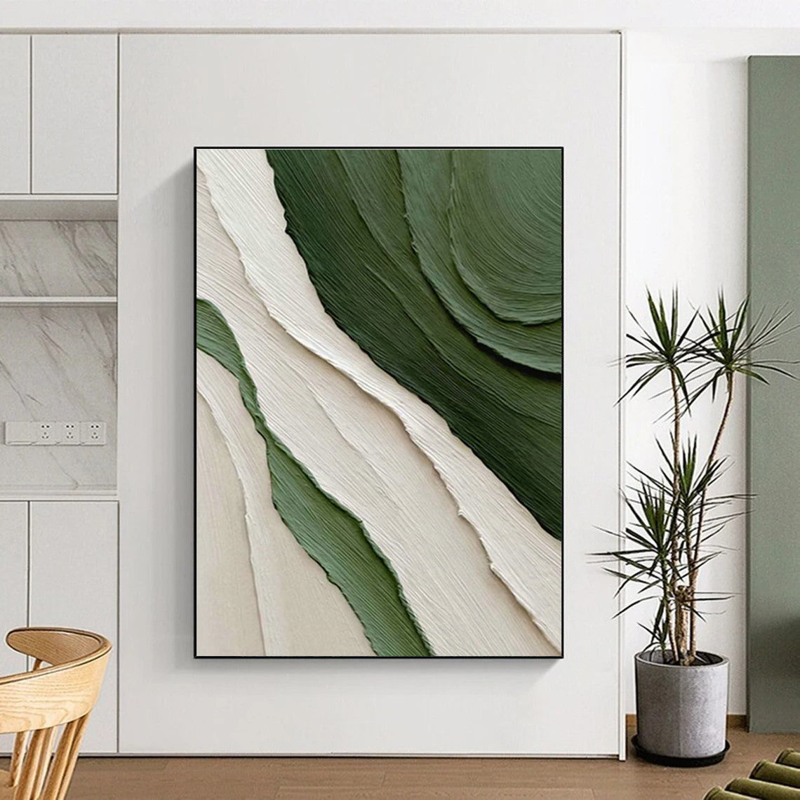 Green and White Textured Waves Art for Modern Beach House & Eco - Friendly Caf茅 DLZ2181