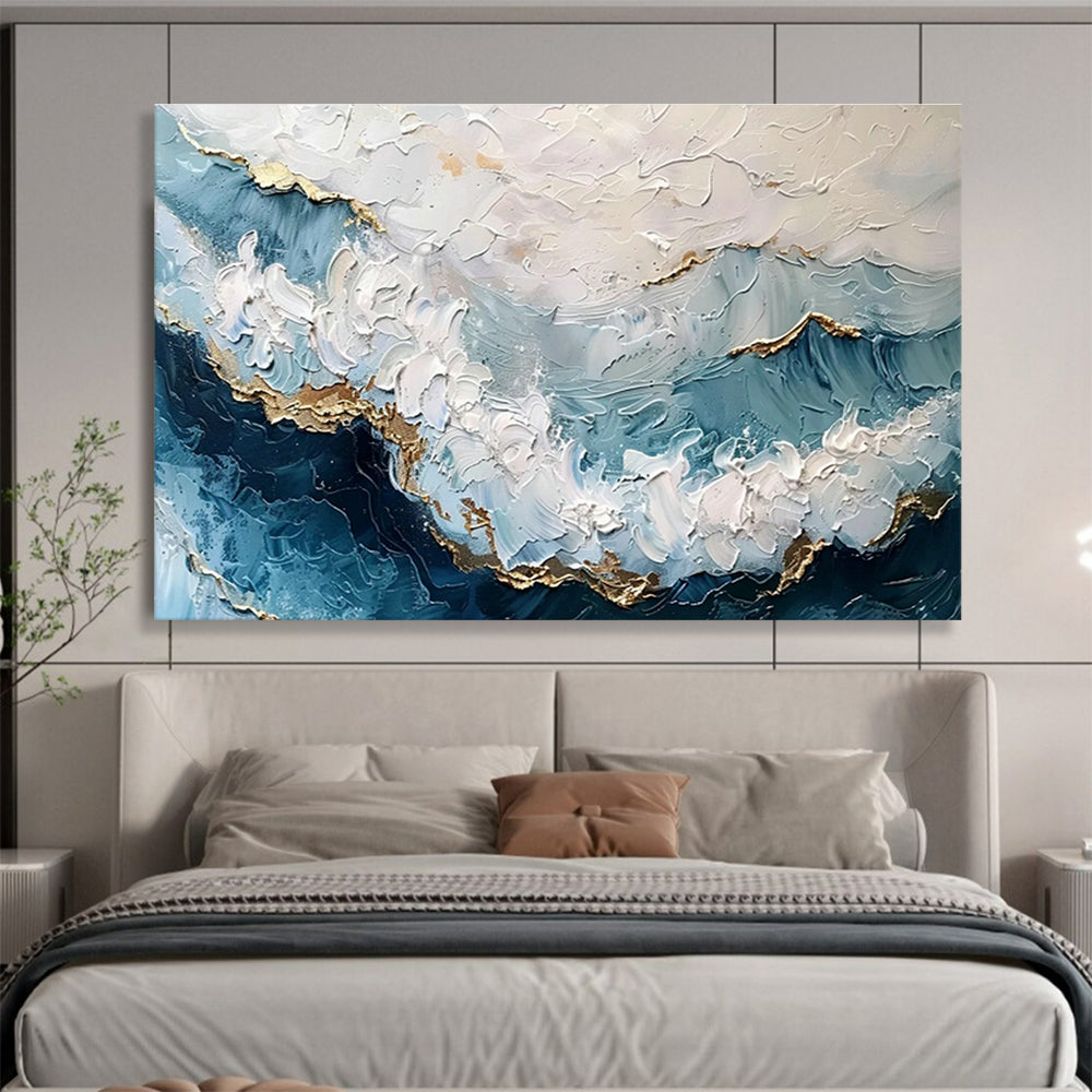 Blue - Gold Ocean Wave Oil Painting for Luxury Bathroom Retreats DLZ2540