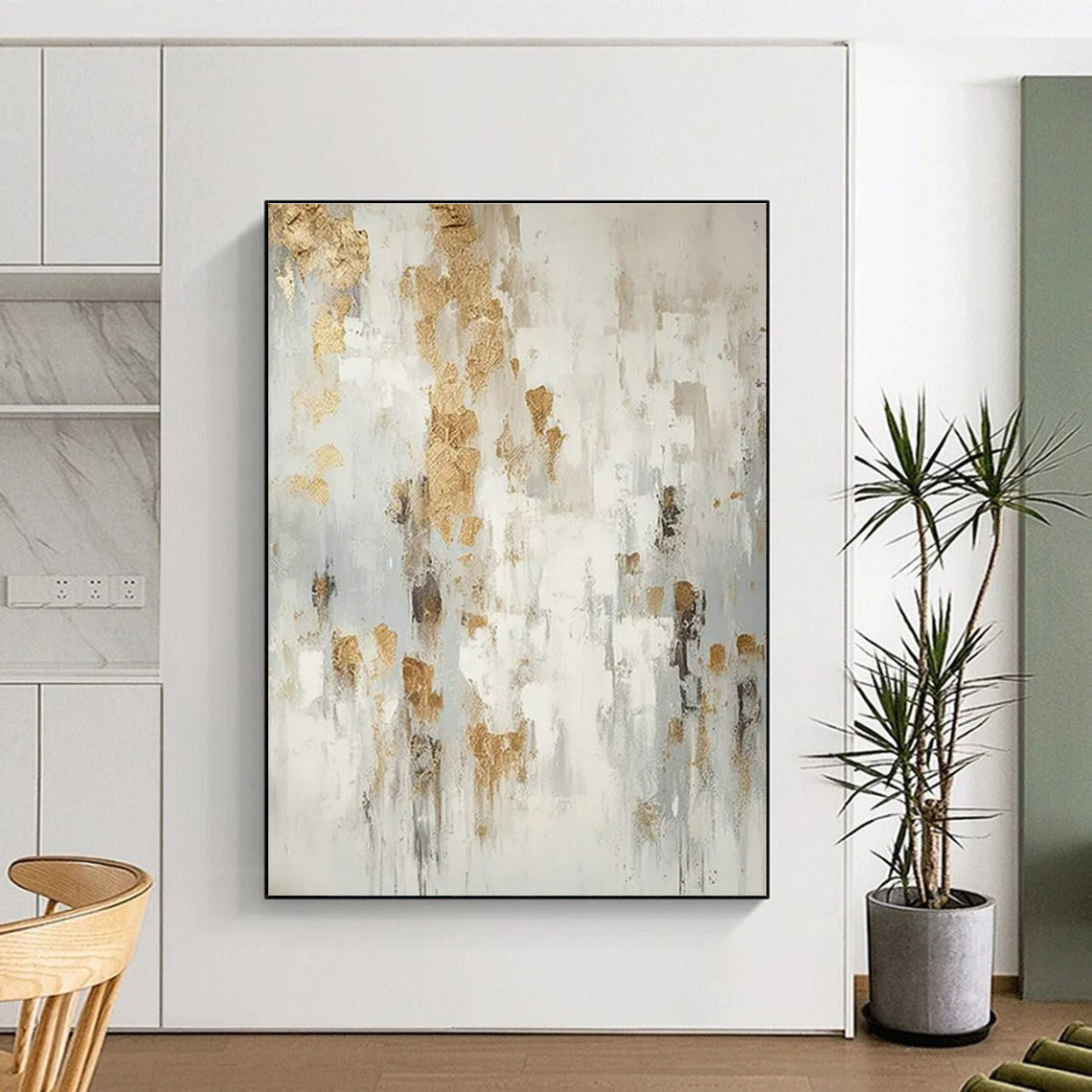 White - Gold - Gray Abstract Art for Scandinavian Bedroom & High - End Spa DLZ1753