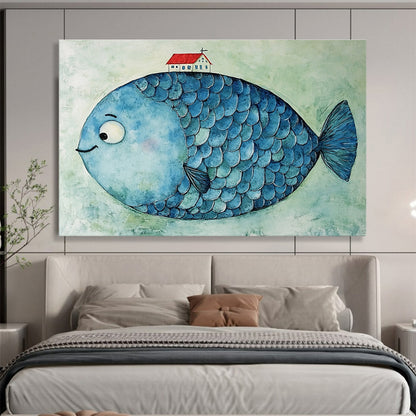 Fish with House Art for Nautical - Themed Children’s Room & Coastal Café SC478
