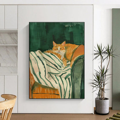 Orange Cat on Striped Blanket Art for Pet - Lover’s Bedroom & Cat Café DLZ0702