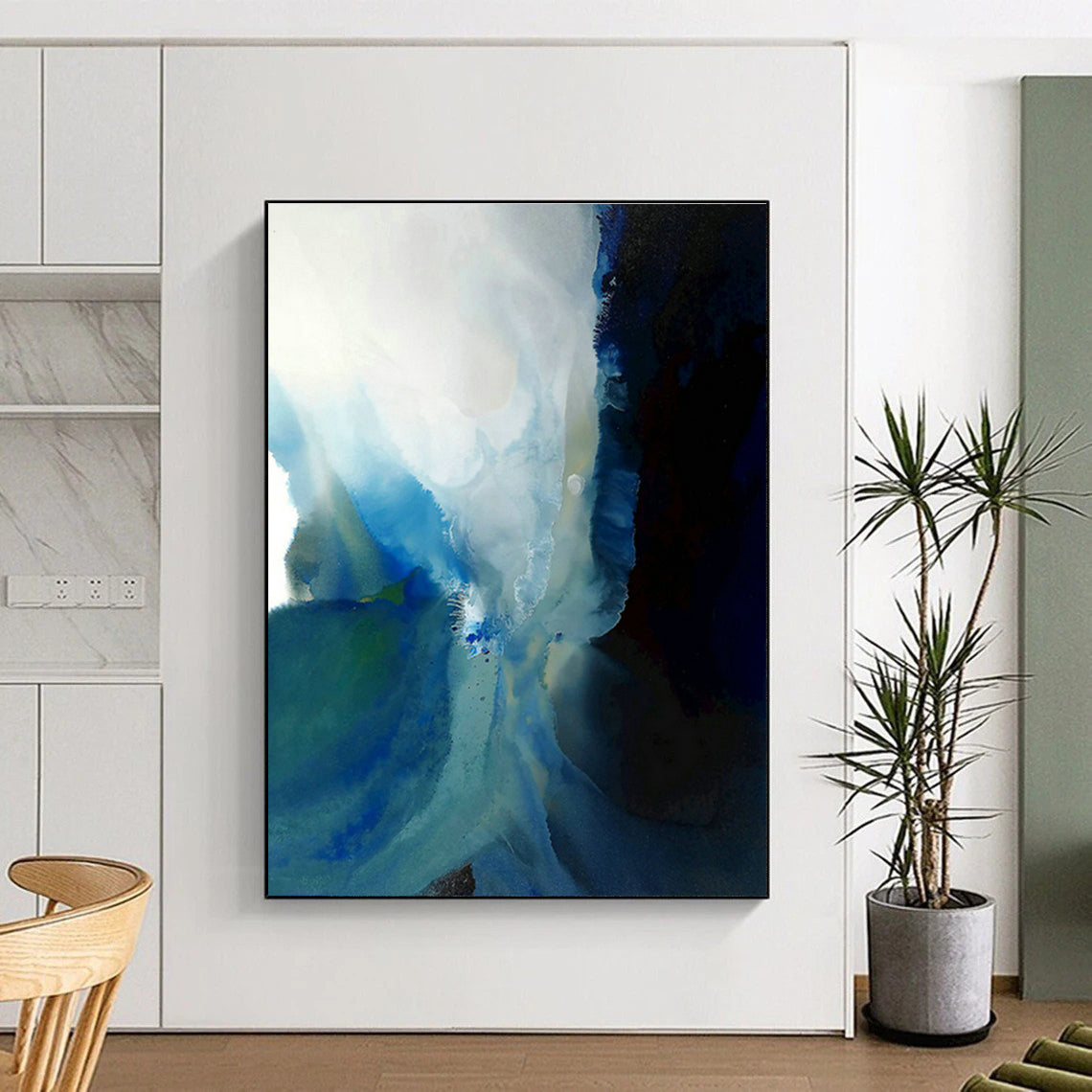Blue - White Ink Wash Abstract Art for Contemporary Art Gallery Hallway & Minimalist Home Office DLZ0919