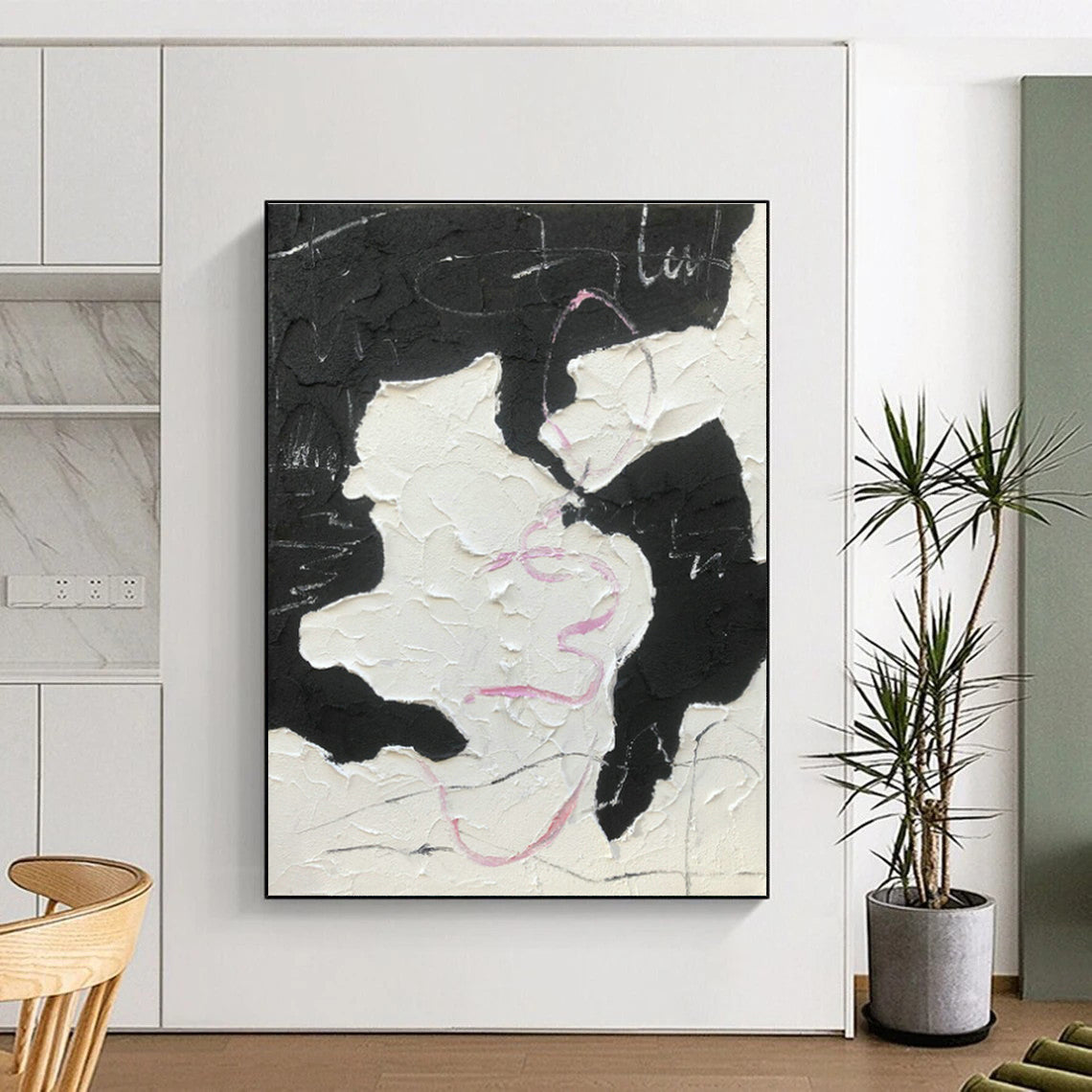 Black - Pink Textured Abstract Art for Trendy Café & Fashion Boutique DLZ0784
