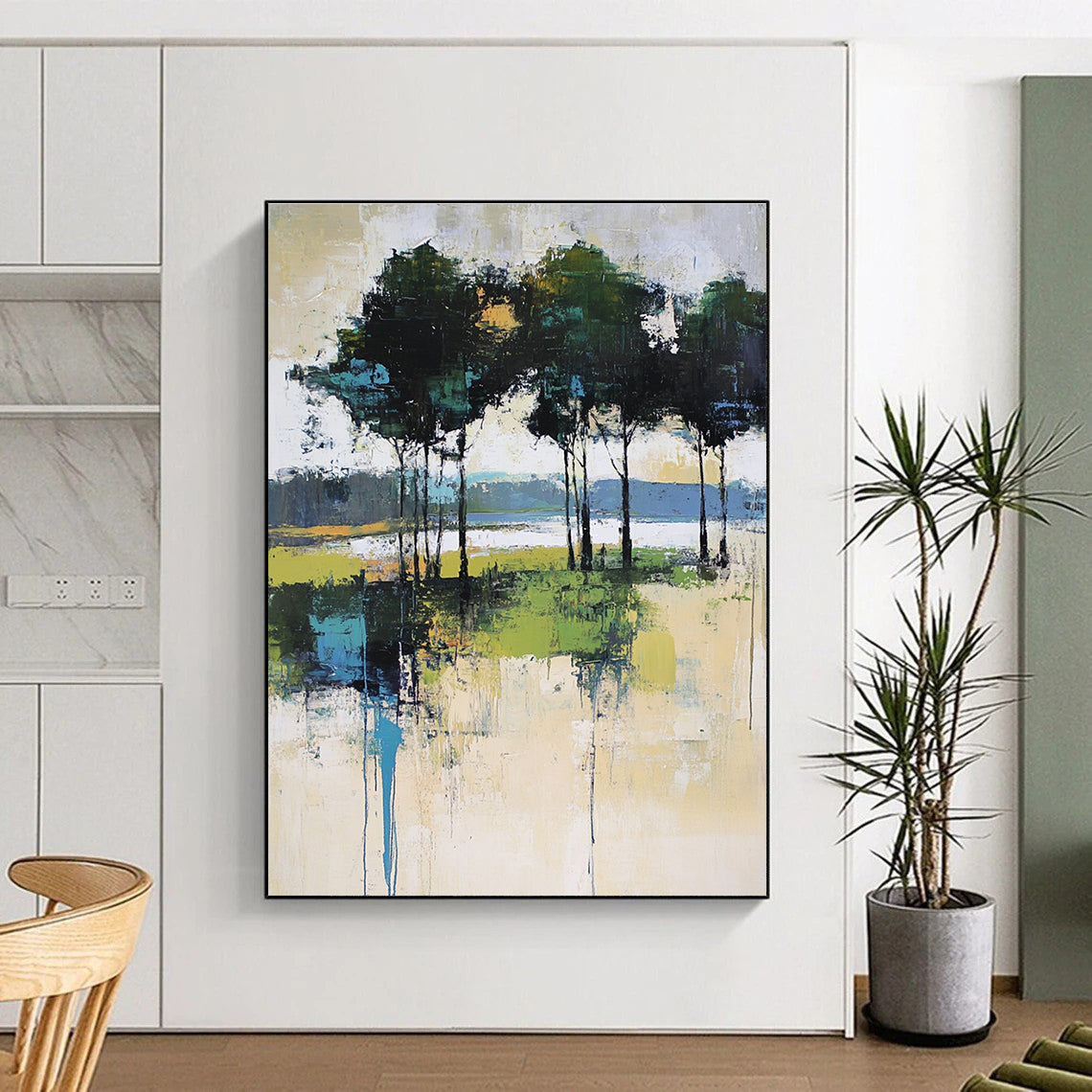 Abstract Tree - Lined Waterfront Art for Lakeside Cottage & Art - Loving Home Office STSC118