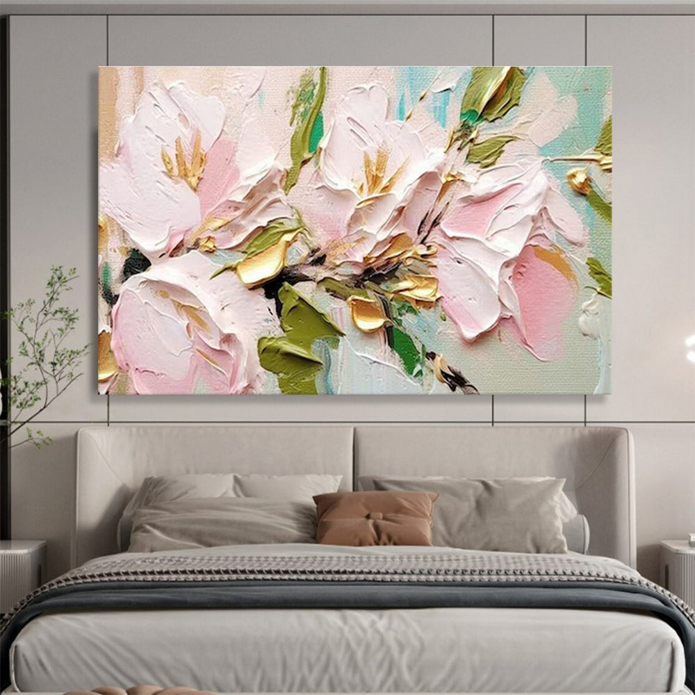 Pink and Gold Floral Oil Painting for Chic Dining Room Accents DLZ2637