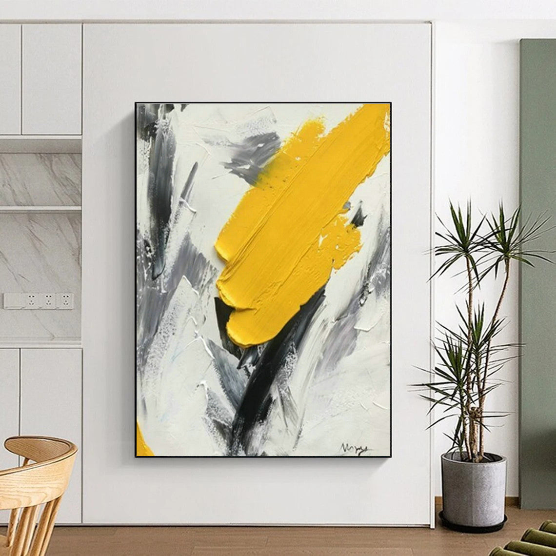 Yellow - Gray Brushstroke Abstract Art for Mid - Century Modern Living Room & Art Teacher’s Studio DLZ1457