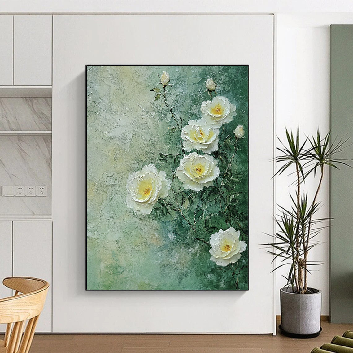Textured White Roses Romantic Floral Art for Victorian - Style Parlor & Elegant Home Bedroom STSC1490