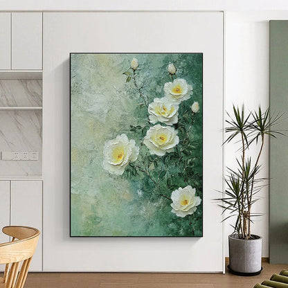 Textured White Roses Romantic Floral Art for Victorian - Style Parlor & Elegant Home Bedroom STSC1490
