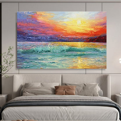 Vivid Sea Sunset Oil Painting for Coastal Home Living Room Focal Points DLZ3276