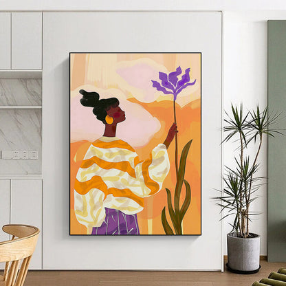 Woman with Purple Flower in Orange - Yellow Art for Bohemian Café & Creative Studio DLZ0695