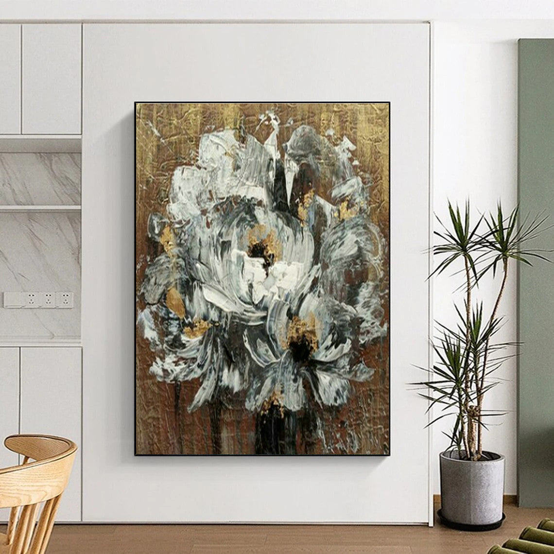 White Flowers with Gold Art for Luxury Home Bedroom & Art - Loving Spa DLZ2107