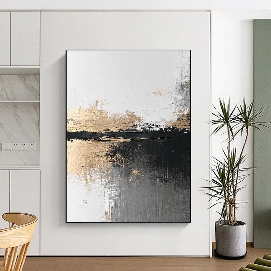 Black, White, and Gold Abstract Landscape for Minimalist Home Office & Art - Centric Lounge STSC387