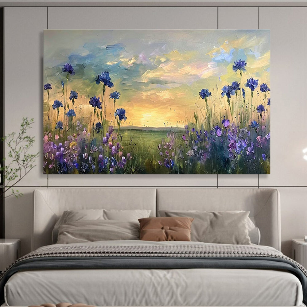 Blue - Purple Flower Field Oil Painting for Countryside Wedding Venue Backdrops DLZ3203