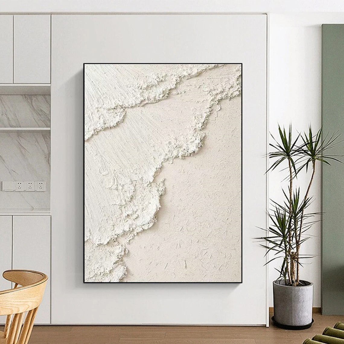 White Textured Plaster - like Art for Minimalist Bedroom & Contemporary Wellness Space DLZ2192
