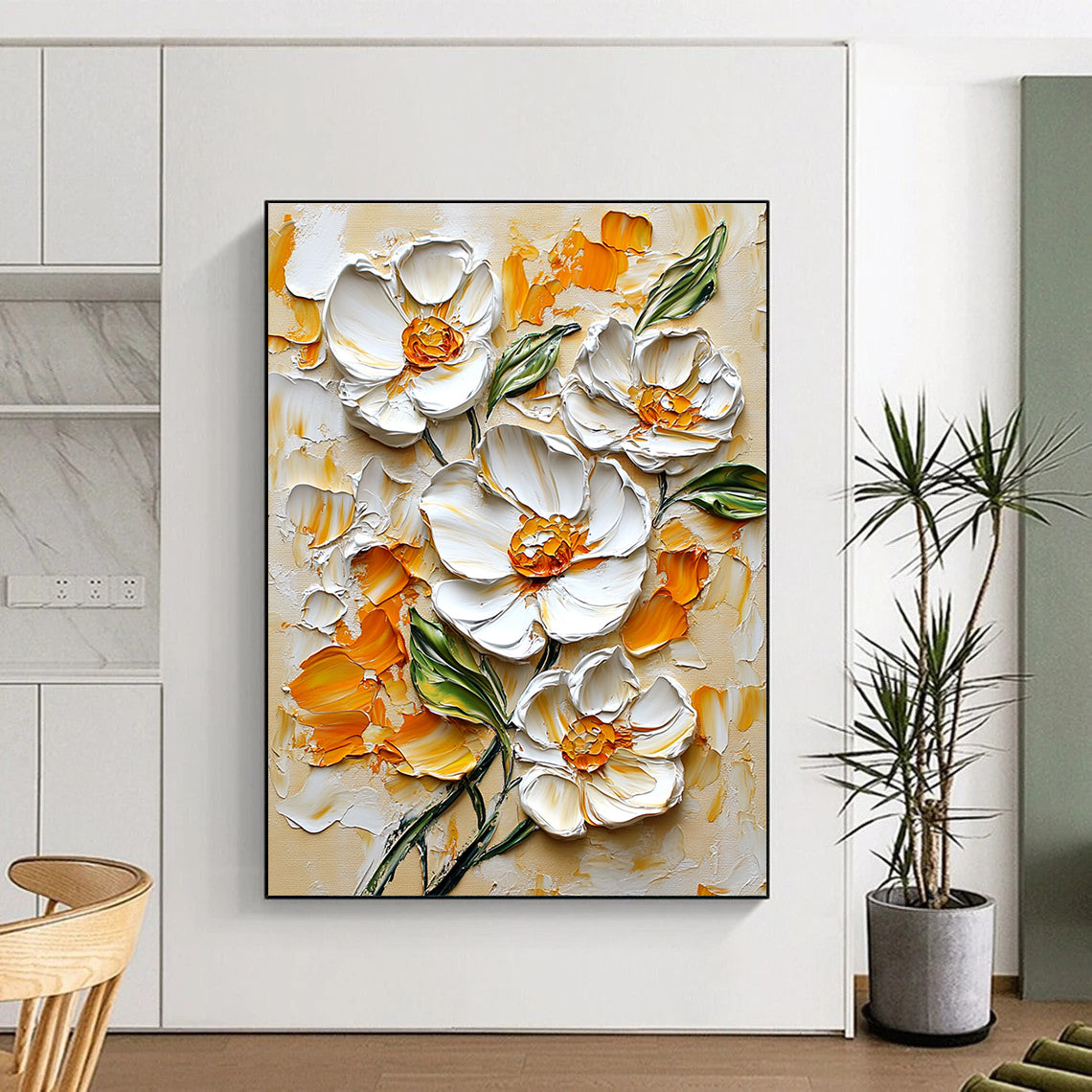 Textured White Flowers Art for Floral - Themed Spa & Elegant Dining Room STSC1397