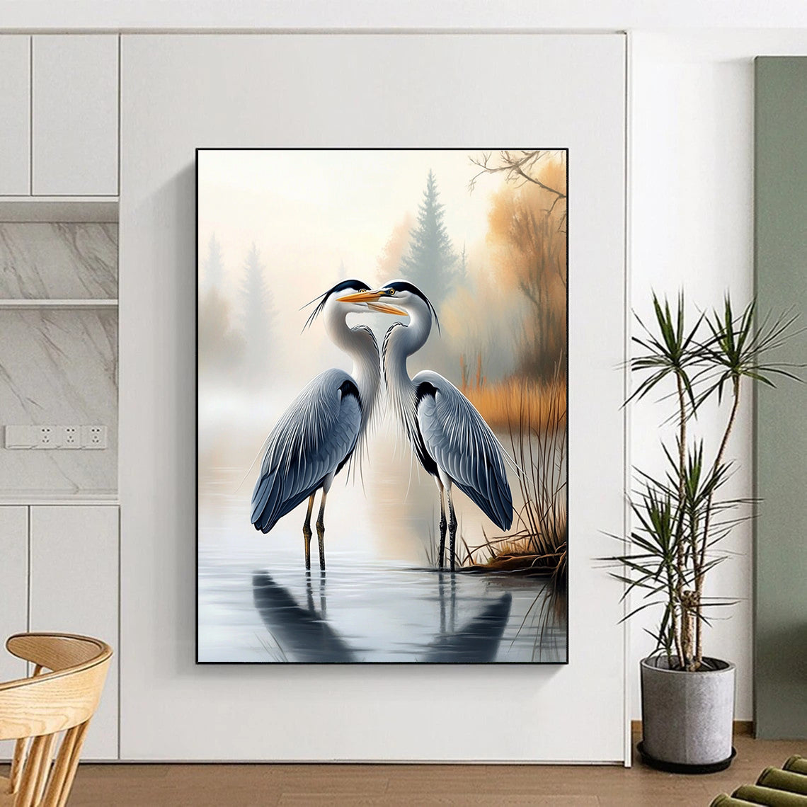 Herons in Mist  Romantic Bird Art for Coastal Bedroom & Serene Home Reading Nook STSC1451