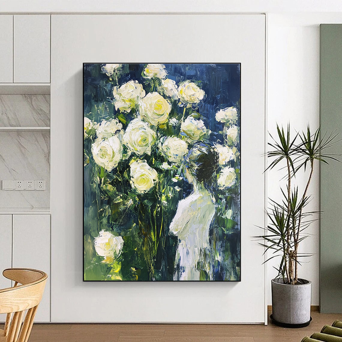 Woman and White Roses Impressionistic Floral Art for Romantic Home Bedroom & Garden - Themed Home Salon STSC1489