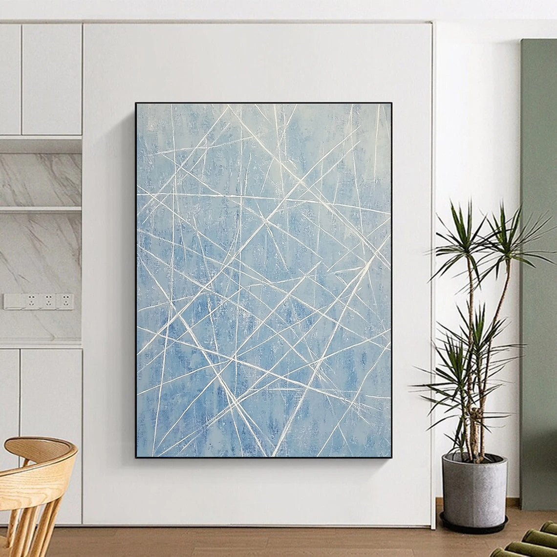 Blue and White Linear Abstract for Serene Home Office & Modern Art Space STSC316