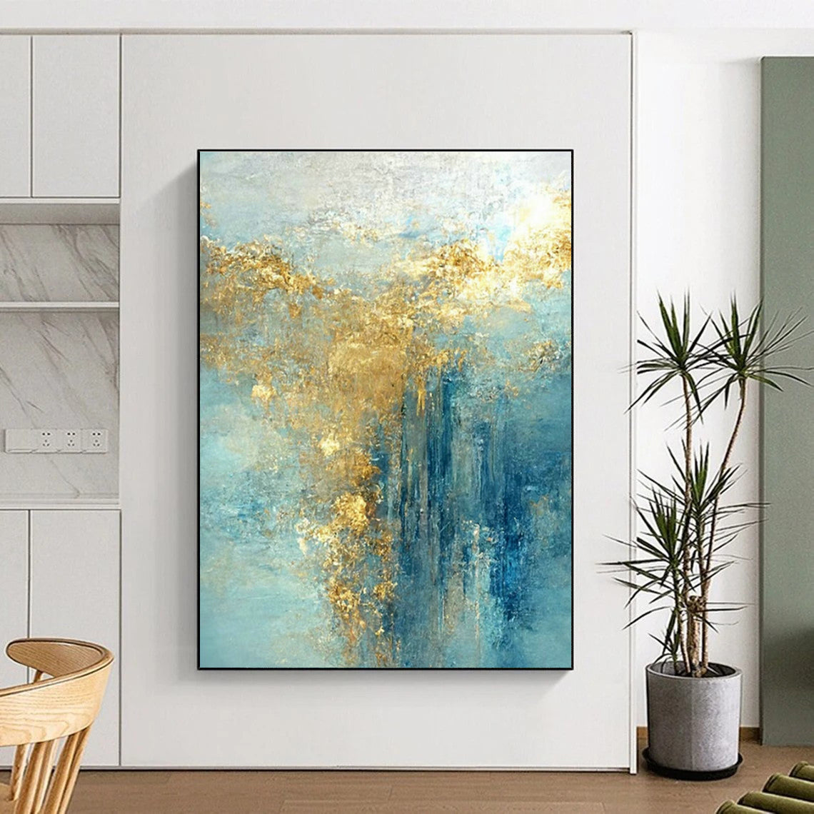 Light Blue - Gold Abstract Art for Lakeside Cottage & Wellness Retreat DLZ1907
