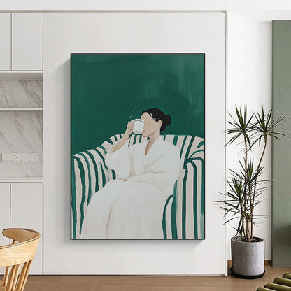 Woman in White Robe Drinking for Cozy Reading Nook & Modern Wellness Space STSC1122
