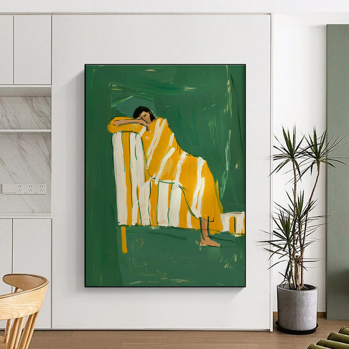 Figure in Yellow Blanket on Green Background Art for Art Deco Home & Creative Studio DLZ0689