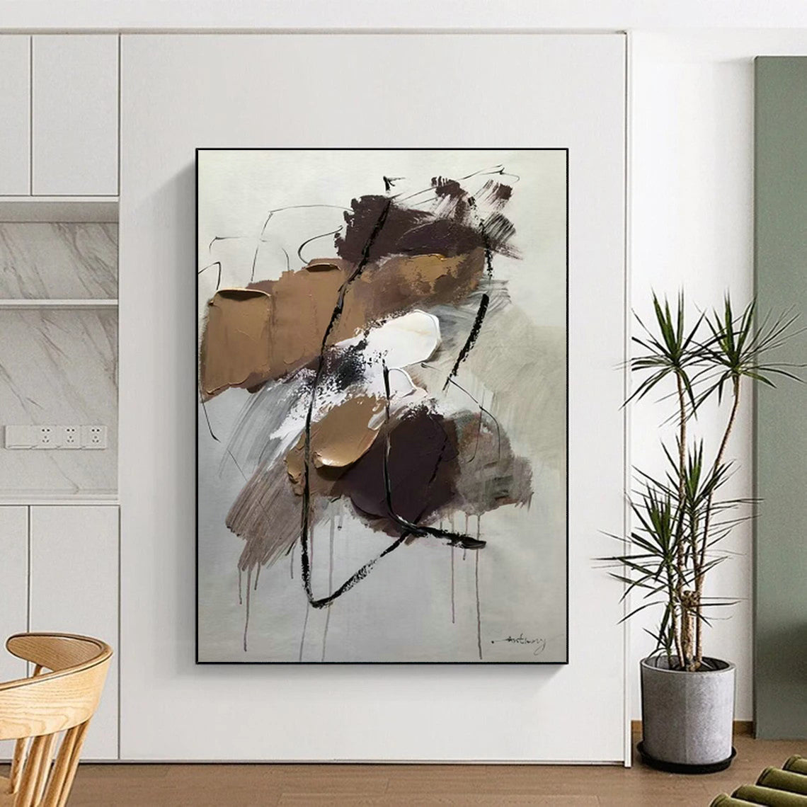 Brown - Black Line Abstract Art for Industrial - style Loft & Art Studio Break Area DLZ0786