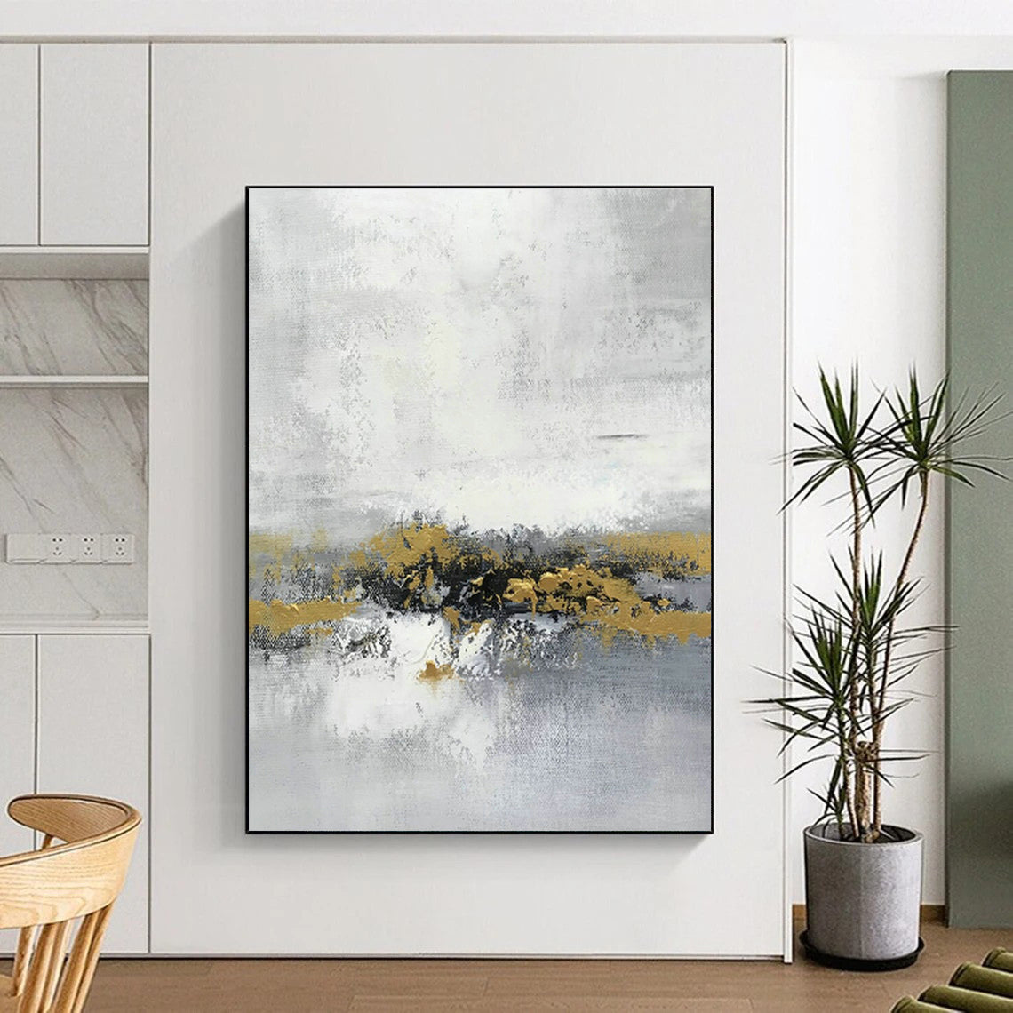 Gray - White Abstract with Gold Patches for Bedroom & Hotel Lobby DLZ0572