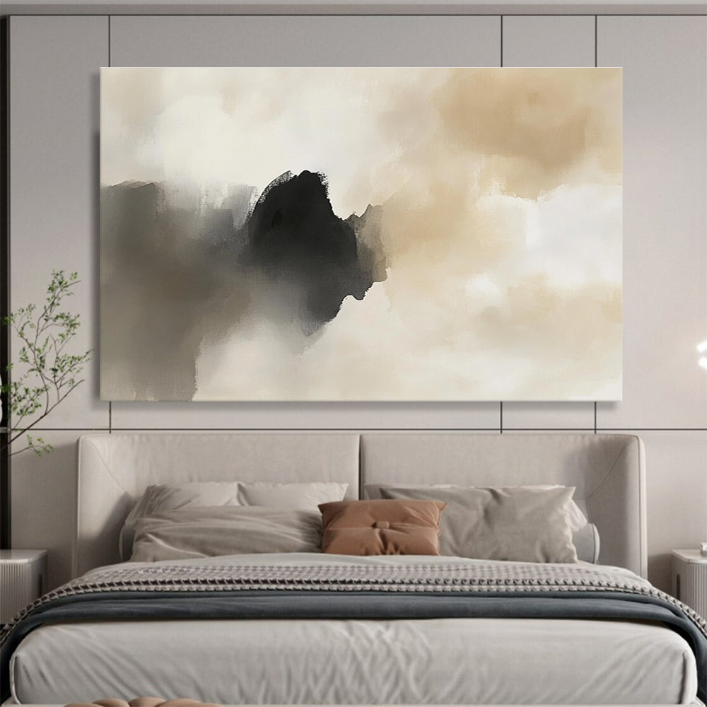 Beige - Black Abstract Clouds Art for Minimalist Bedroom & Serene Spa SC222
