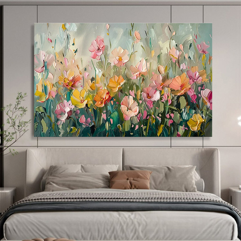 Soft - Toned Flower Field Oil Painting for Serene Bedroom Retreats DLZ3093