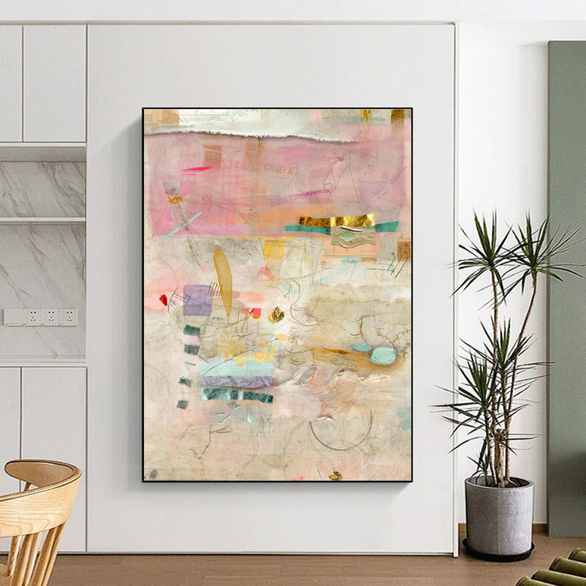 Pink - Gold Collage Abstract Art for Luxury Hotel Lobby Seating Areas DLZ0084