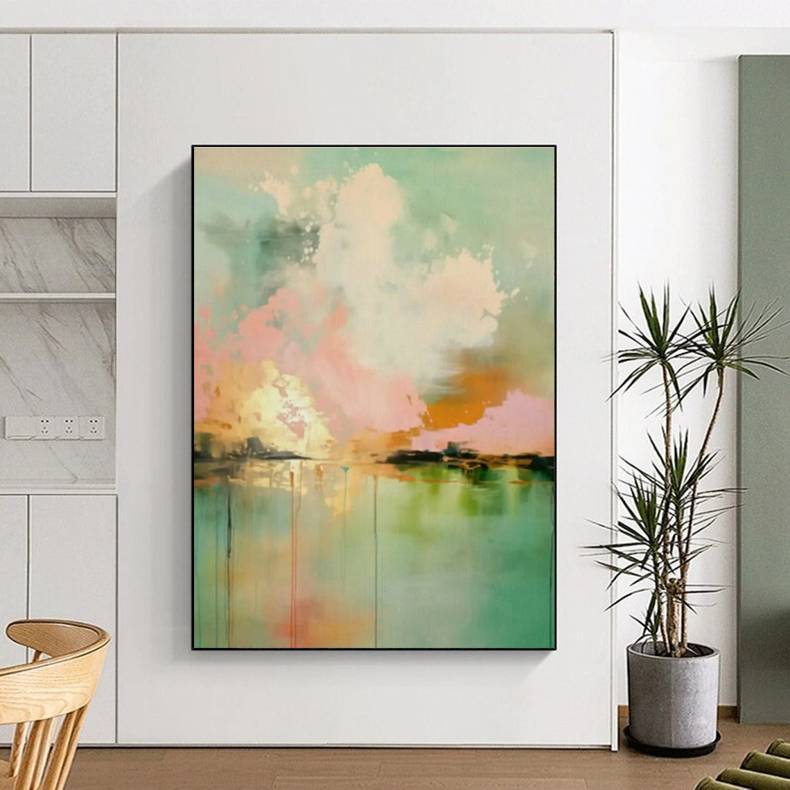 Pink - Green Abstract Landscape Art for Scandinavian Bedroom & Art Gallery Lounge DLZ1001