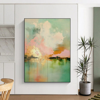 Pink - Green Abstract Landscape Art for Scandinavian Bedroom & Art Gallery Lounge DLZ1001