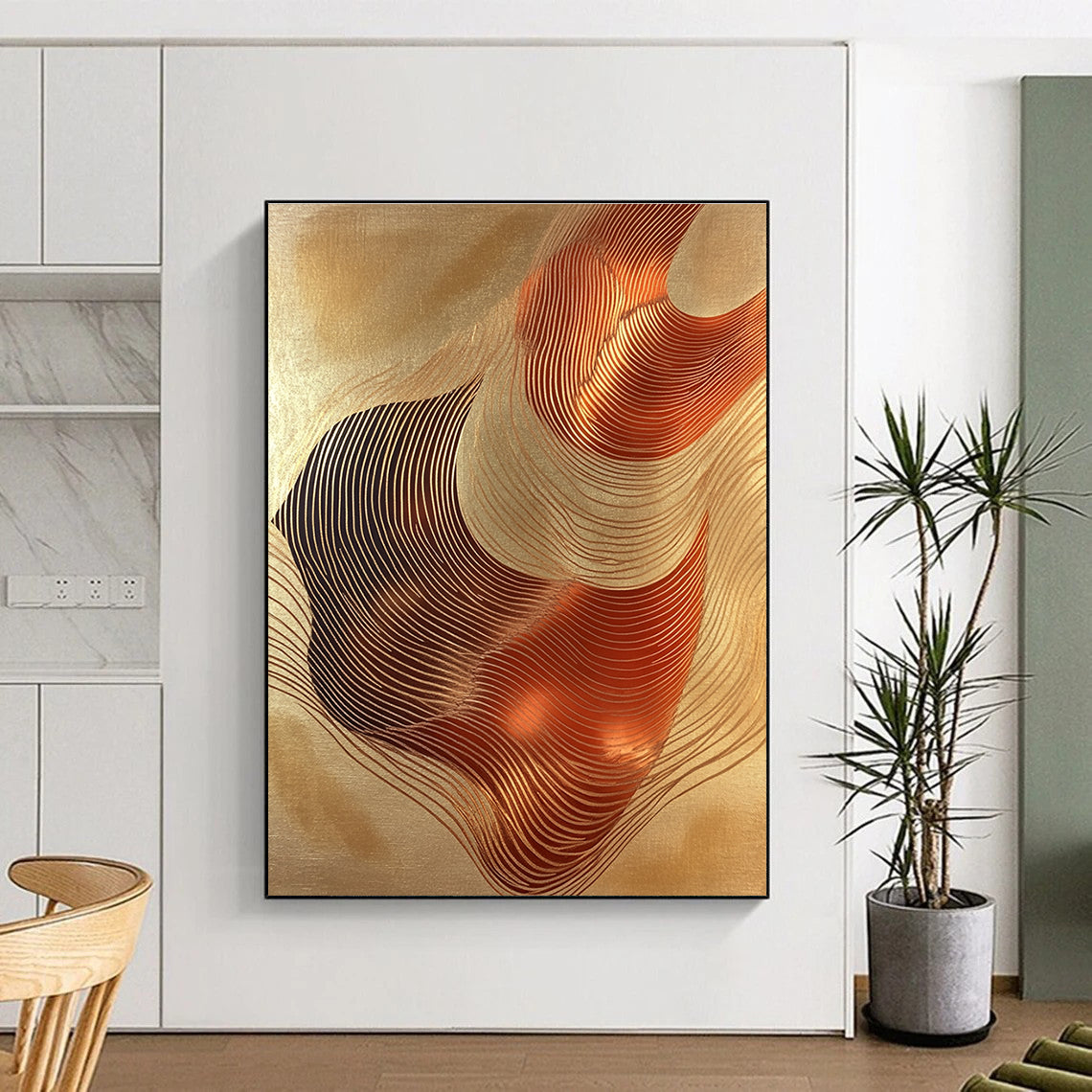 Golden Wavy Lines Art for Luxury Hotel Lobby & Modern Home Living Room STSC1440