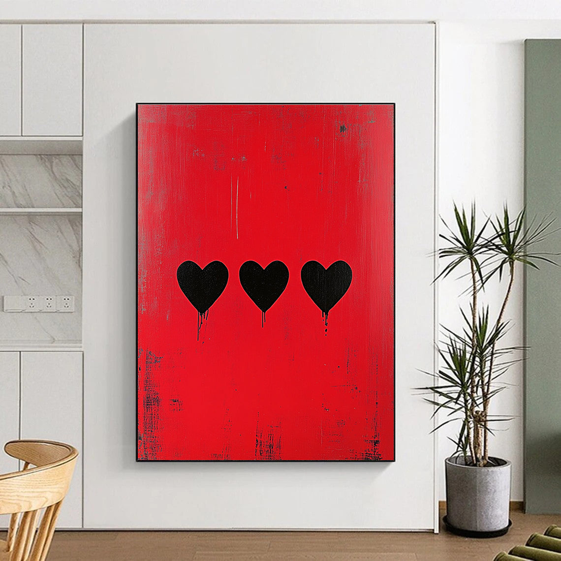 Three Black Hearts on Red for Romantic Lounge & Eclectic Home Bar STSC1164