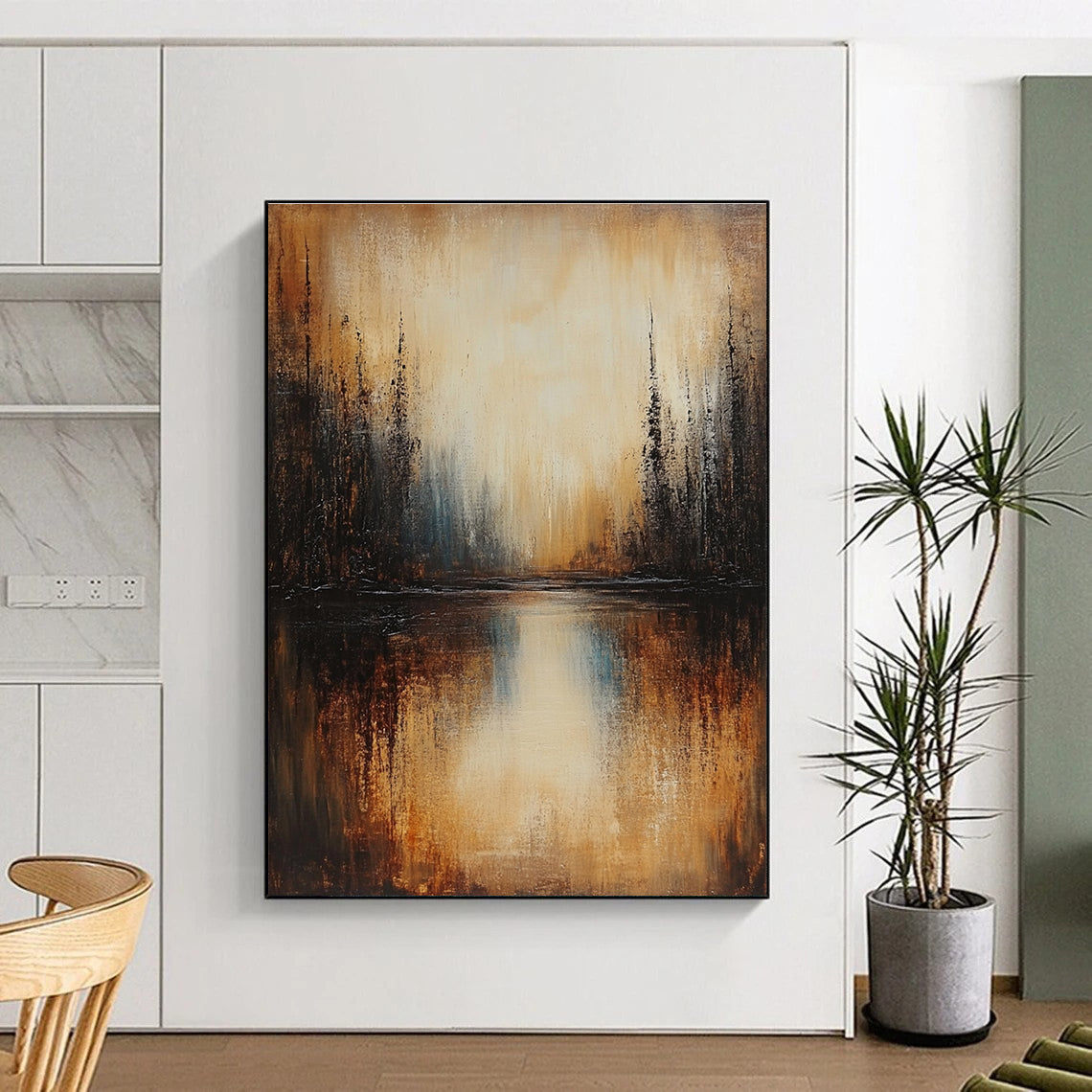 Warm - Toned Abstract Forest Lake for Cozy Cabin Living Room & Nature - Themed Art Gallery STSC168