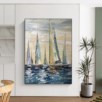 Sailing Boats Oil Painting for Nautical Yacht Club & Beach House Dining Room DLZ0852