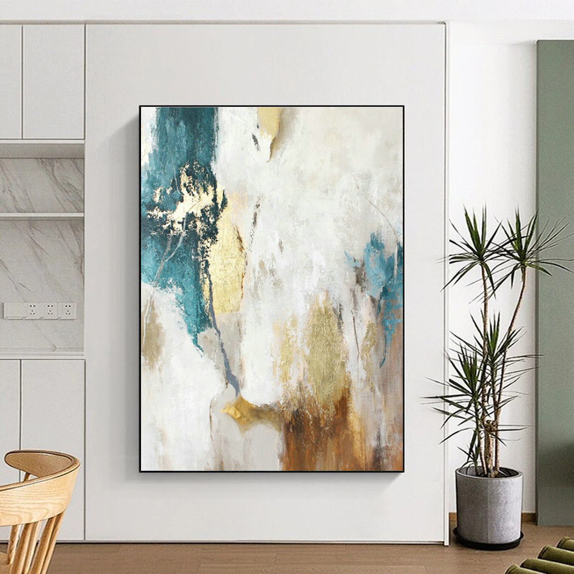 White - Gold - Blue Abstract Art for Bedroom & Living Room DLZ0401