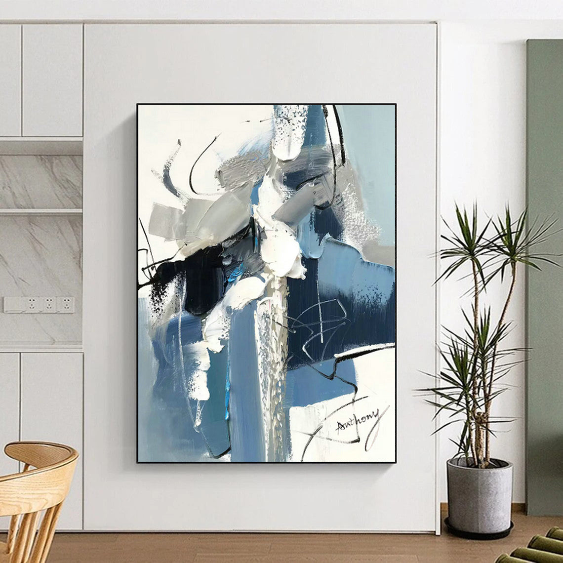 Blue - Gray Brushstroke Abstract Art for Modern Office Lobby & Art Gallery Corridor DLZ0782