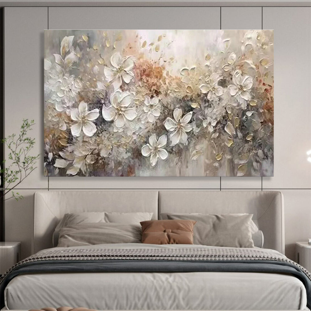 White - Gold Floral Oil Painting for Elegant Bedroom Wall Decor DLZ2643