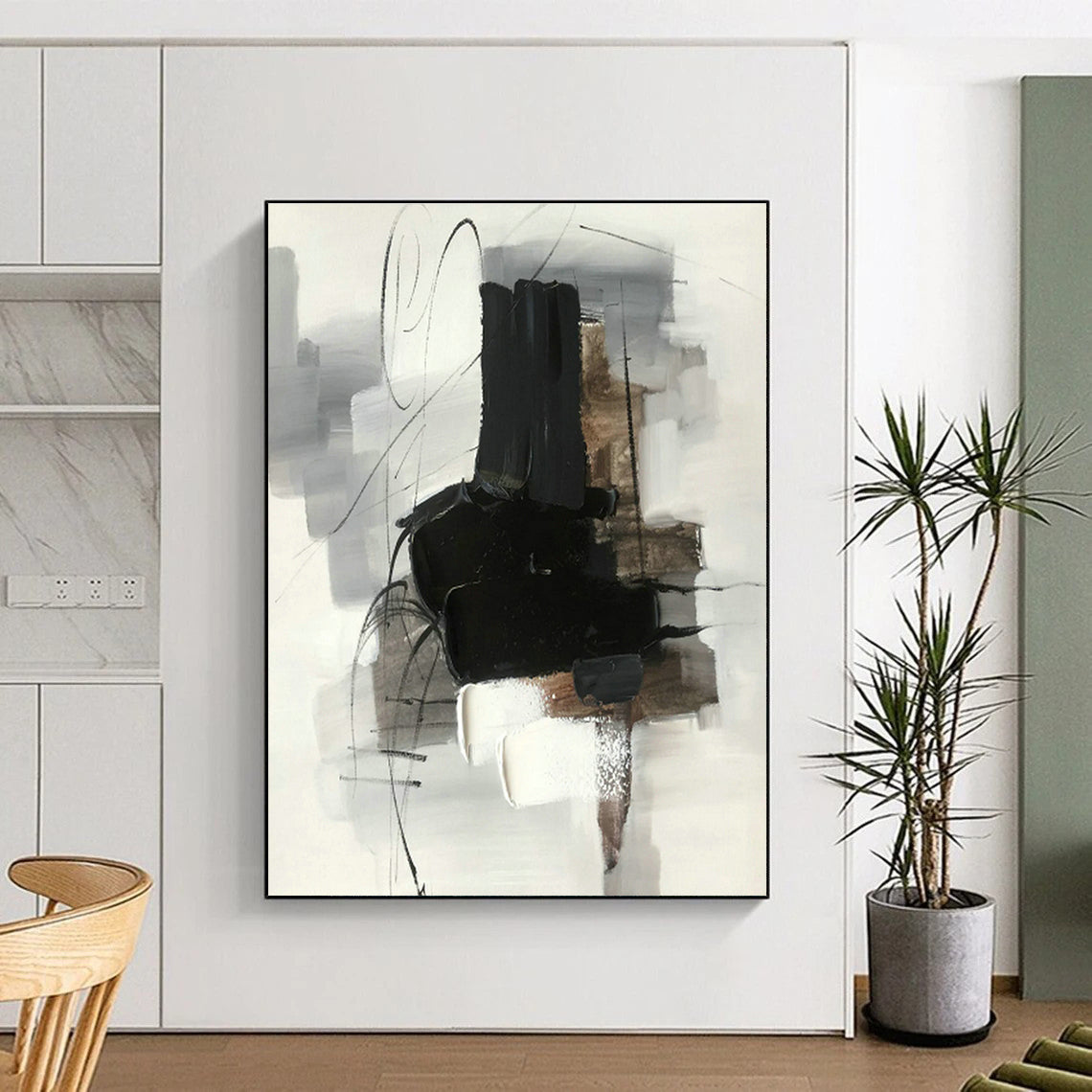 Simple Black - White - Gray Abstract Painting for Modern Studio & Monochrome Home DLZ1287