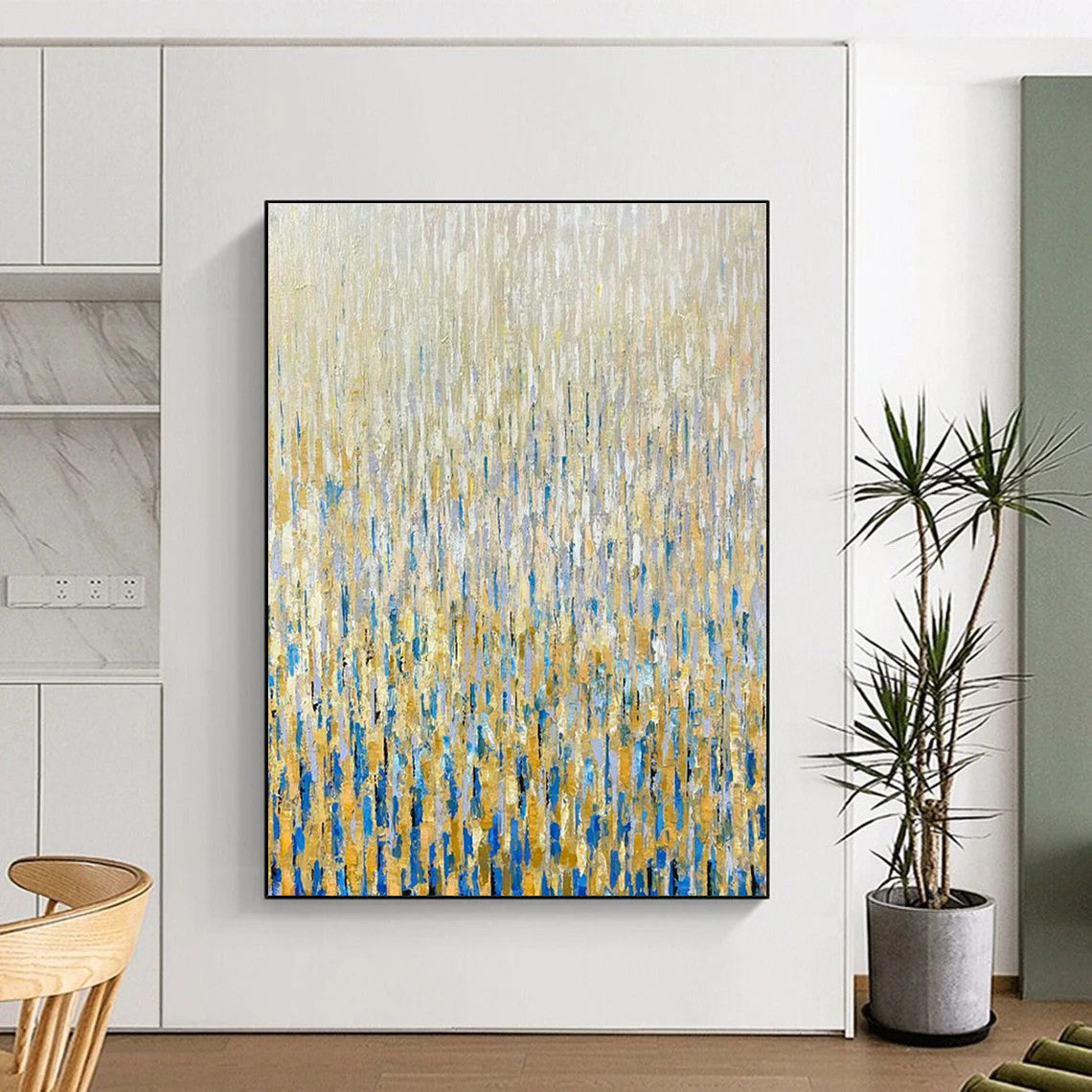 Gold - Blue Rain Abstract Art for Luxury Hotel Lobby Sides & Rooftop Bar Ambiance Walls DLZ0295