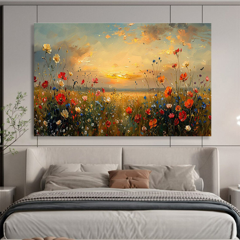 Sunset Flower Field Oil Painting for Romantic Outdoor - Themed Patios DLZ2641