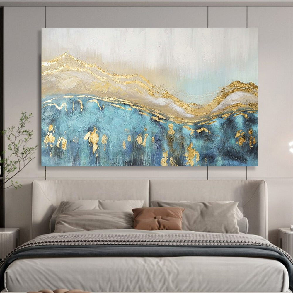 Gold - Accented Blue Landscape Abstract Art for Luxe Hotel Spa Suites DLZ3117