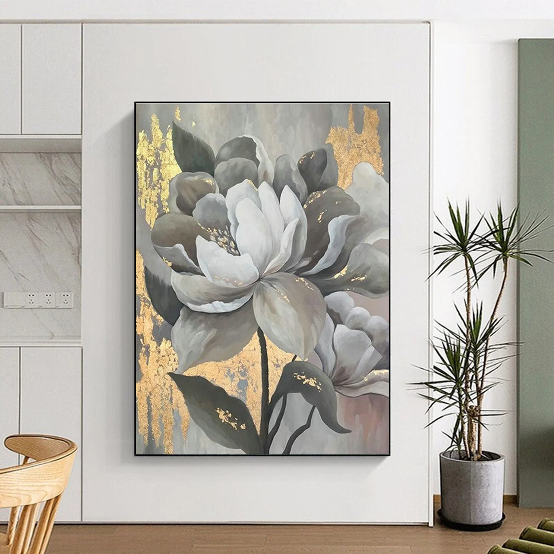 Gray - Gold Floral Art for Luxury Hotel Lobby & Elegant Dining Room DLZ2320