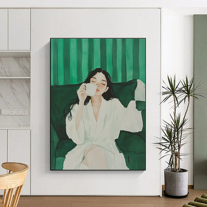 Woman in White Robe Drinking Coffee for Serene Home Library & Calming Spa Lounge STSC1002