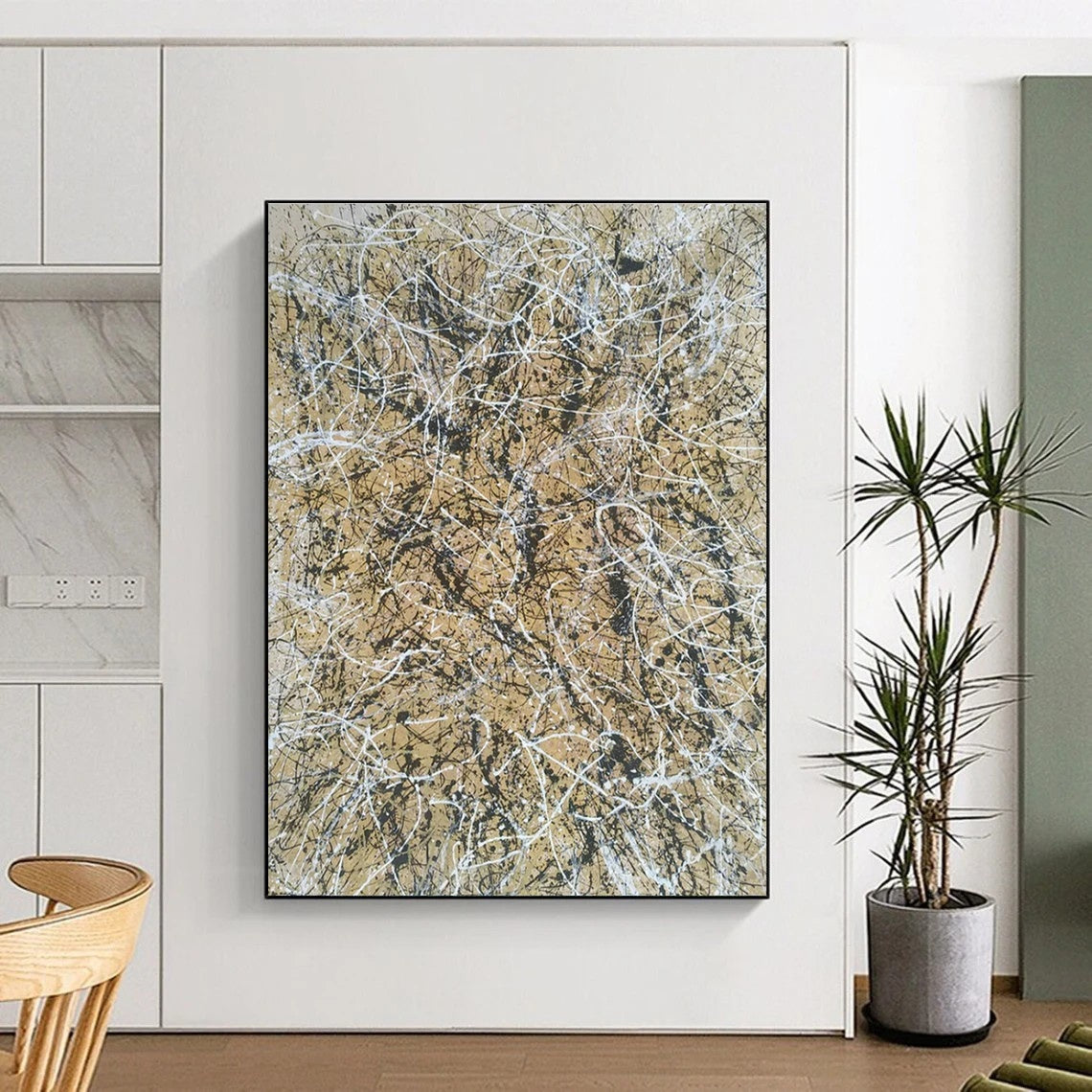Beige - Gold Splatter Abstract Art for Luxury Boutique Hotel Room & Art Gallery Café DLZ1798