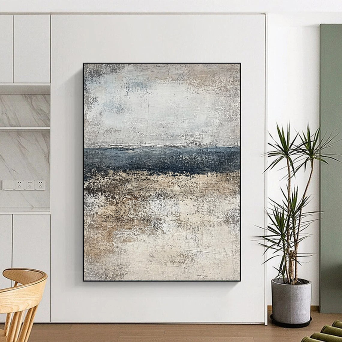Gray and Blue Abstract Landscape for Coastal Home Living Room & Serene Spa Retreat STSC491