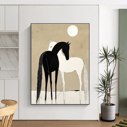 Black and White Horses Under Moon for Minimalist Bedroom & Spiritual Retreat Center STSC915